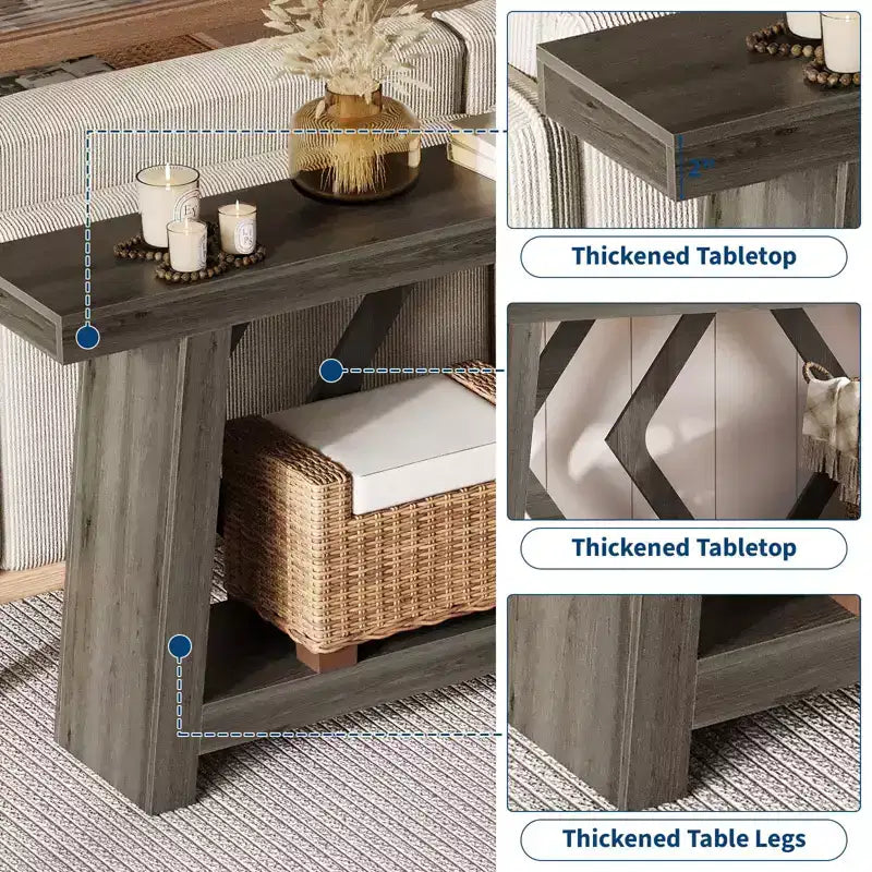 Console d'entrée, table de canapé étroite de style ferme de 180 cm avec 2 étagères de rangement, table de canapé ultra-stable avec pieds trapézoïdaux