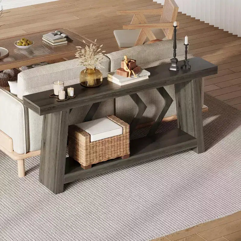 Console d'entrée, table de canapé étroite de style ferme de 180 cm avec 2 étagères de rangement, table de canapé ultra-stable avec pieds trapézoïdaux