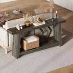 Console d'entrée, table de canapé étroite de style ferme de 180 cm avec 2 étagères de rangement, table de canapé ultra-stable avec pieds trapézoïdaux
