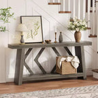Console d'entrée, table de canapé étroite de style ferme de 180 cm avec 2 étagères de rangement, table de canapé ultra-stable avec pieds trapézoïdaux