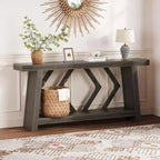 Console d'entrée, table de canapé étroite de style ferme de 180 cm avec 2 étagères de rangement, table de canapé ultra-stable avec pieds trapézoïdaux