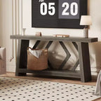 Console d'entrée, table de canapé étroite de style ferme de 180 cm avec 2 étagères de rangement, table de canapé ultra-stable avec pieds trapézoïdaux