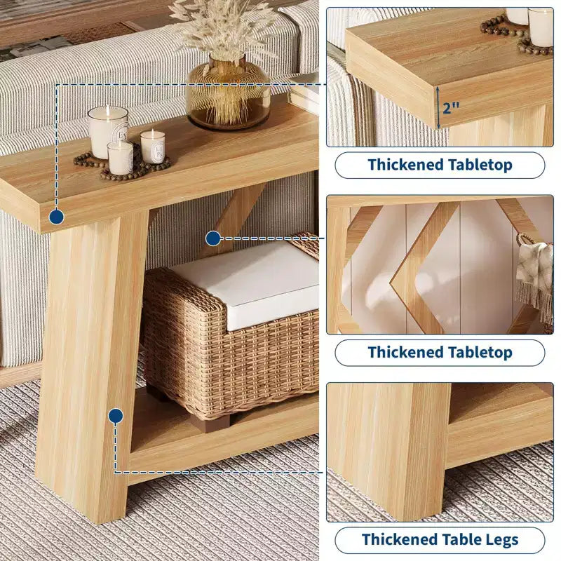 Console d'entrée, table de canapé étroite de style ferme de 180 cm avec 2 étagères de rangement, table de canapé ultra-stable avec pieds trapézoïdaux