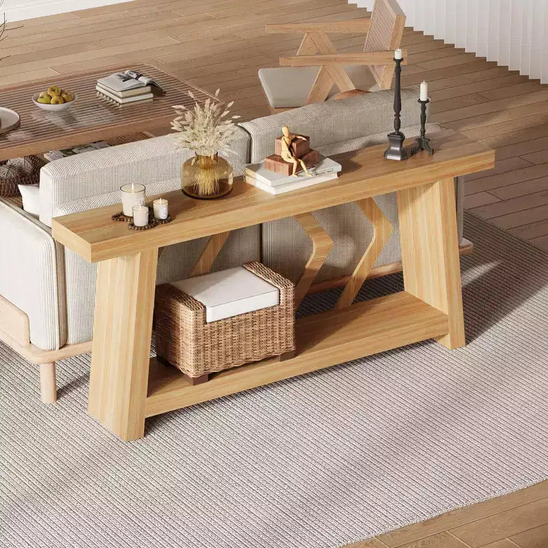 Console d'entrée, table de canapé étroite de style ferme de 180 cm avec 2 étagères de rangement, table de canapé ultra-stable avec pieds trapézoïdaux
