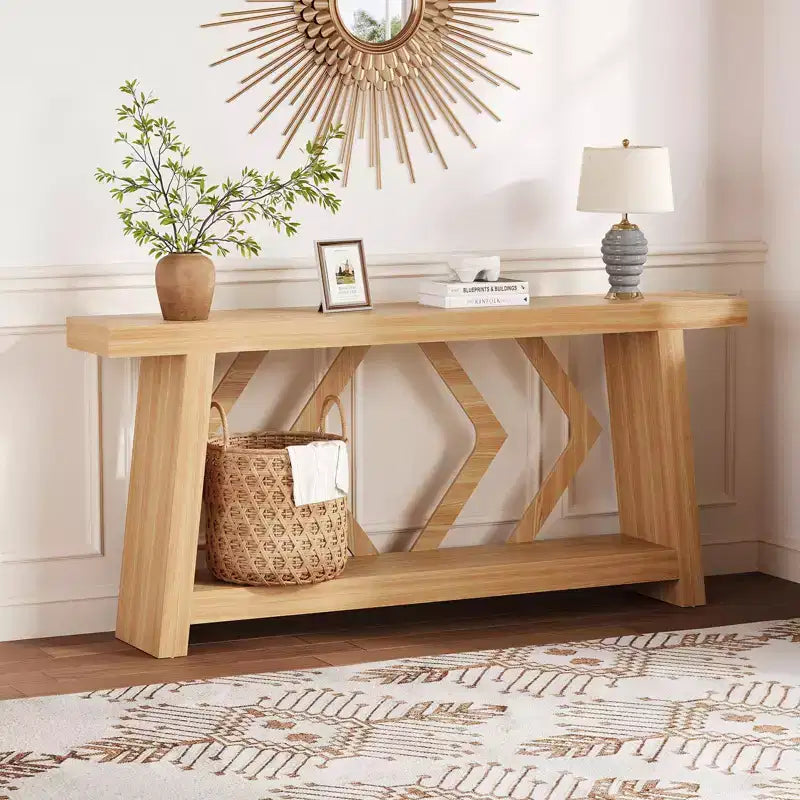 Console d'entrée, table de canapé étroite de style ferme de 180 cm avec 2 étagères de rangement, table de canapé ultra-stable avec pieds trapézoïdaux