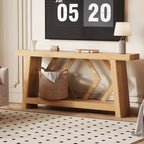 Console d'entrée, table de canapé étroite de style ferme de 180 cm avec 2 étagères de rangement, table de canapé ultra-stable avec pieds trapézoïdaux