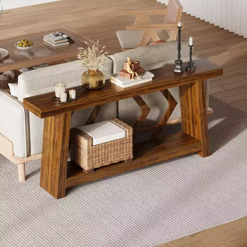 Console d'entrée, table de canapé étroite de style ferme de 180 cm avec 2 étagères de rangement, table de canapé ultra-stable avec pieds trapézoïdaux