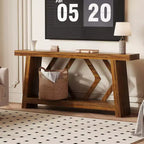 Console d'entrée, table de canapé étroite de style ferme de 180 cm avec 2 étagères de rangement, table de canapé ultra-stable avec pieds trapézoïdaux