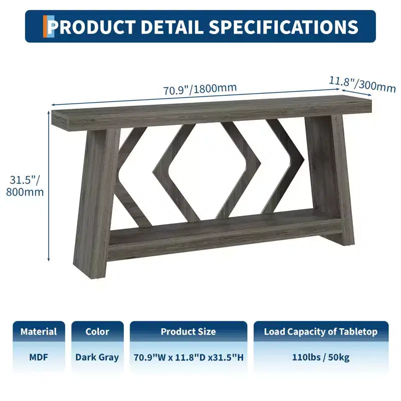 Console d'entrée, table de canapé étroite de style ferme de 180 cm avec 2 étagères de rangement, table de canapé ultra-stable avec pieds trapézoïdaux