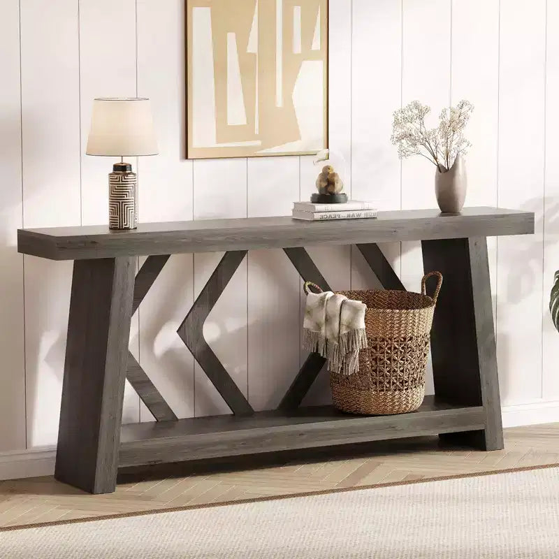 Console d'entrée, table de canapé étroite de style ferme de 180 cm avec 2 étagères de rangement, table de canapé ultra-stable avec pieds trapézoïdaux