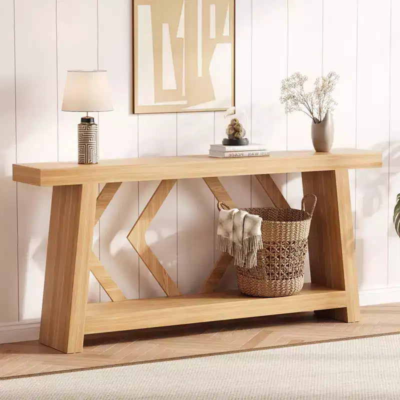 Console d'entrée, table de canapé étroite de style ferme de 180 cm avec 2 étagères de rangement, table de canapé ultra-stable avec pieds trapézoïdaux