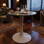 JVNOXK 27.6 Mid-Century Modern Round Coffee Table, White Pedestal with Dark Gray Veined Marble-Effect Top