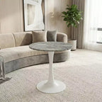 Table basse ronde de style moderne du milieu du siècle, 27,6 po, piédestal blanc avec plateau à effet marbre veiné gris foncé