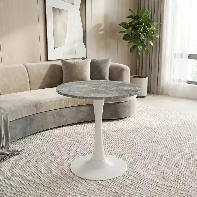 Table basse ronde de style moderne du milieu du siècle, 27,6 po, piédestal blanc avec plateau à effet marbre veiné gris foncé