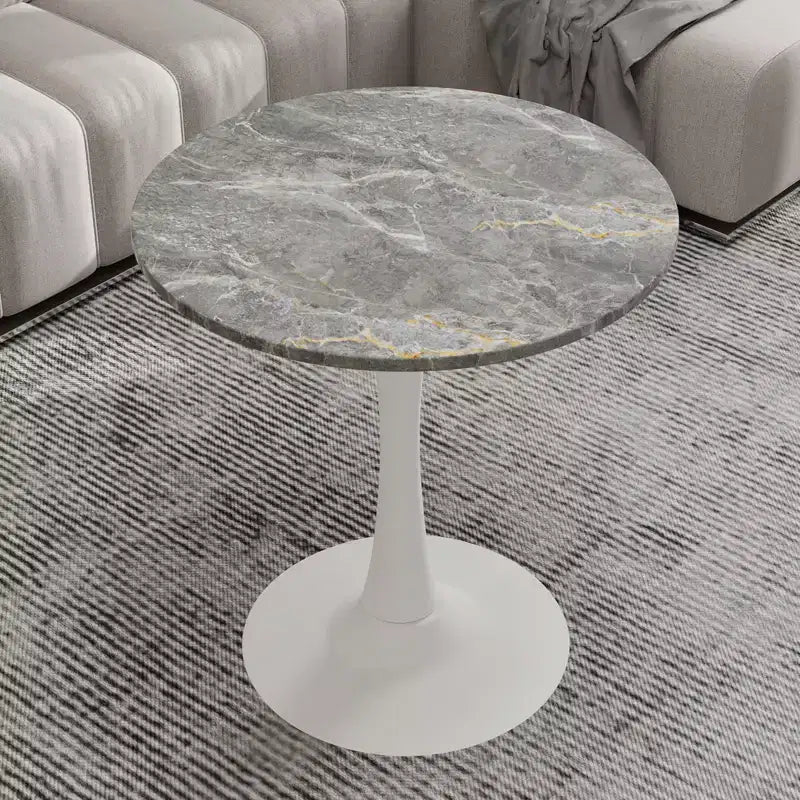 Table basse ronde de style moderne du milieu du siècle, 27,6 po, piédestal blanc avec plateau à effet marbre veiné gris foncé