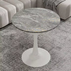 Table basse ronde de style moderne du milieu du siècle, 27,6 po, piédestal blanc avec plateau à effet marbre veiné gris foncé