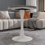 Table basse ronde de style moderne du milieu du siècle, 27,6 po, piédestal blanc avec plateau à effet marbre veiné gris foncé