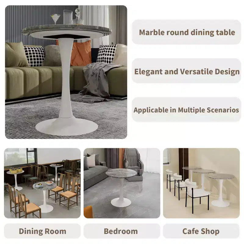 Table basse ronde de style moderne du milieu du siècle, 27,6 po, piédestal blanc avec plateau à effet marbre veiné gris foncé