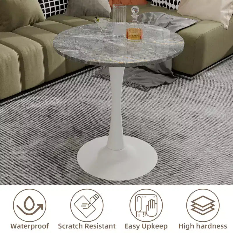 Table basse ronde de style moderne du milieu du siècle, 27,6 po, piédestal blanc avec plateau à effet marbre veiné gris foncé