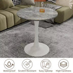 Table basse ronde de style moderne du milieu du siècle, 27,6 po, piédestal blanc avec plateau à effet marbre veiné gris foncé