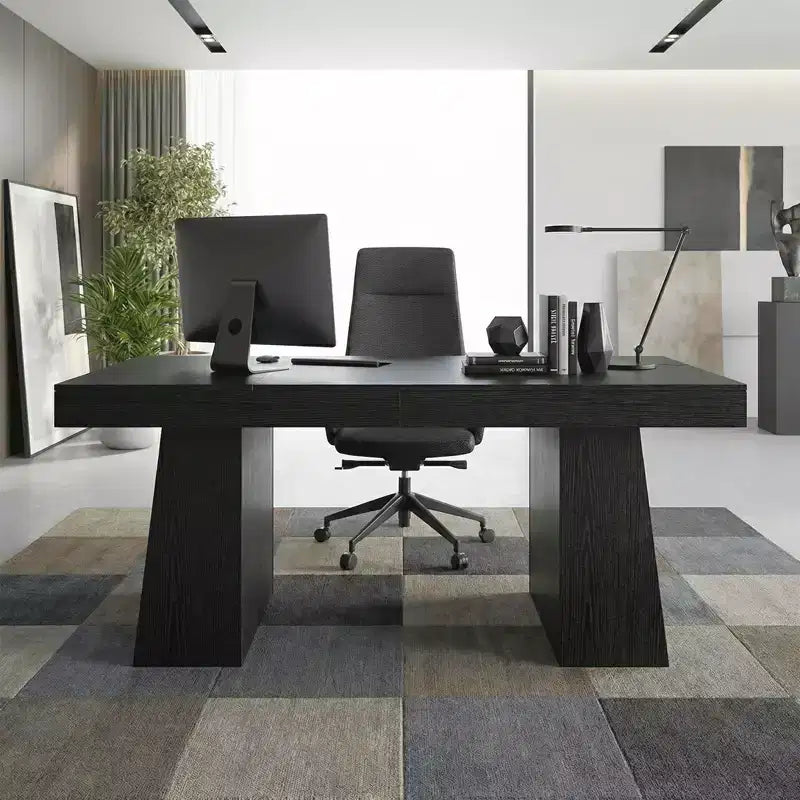 Bureau de direction de 55 pouces, double piètement trapézoïdal, bureau d'ordinateur en bois, poste de travail de mobilier de bureau
