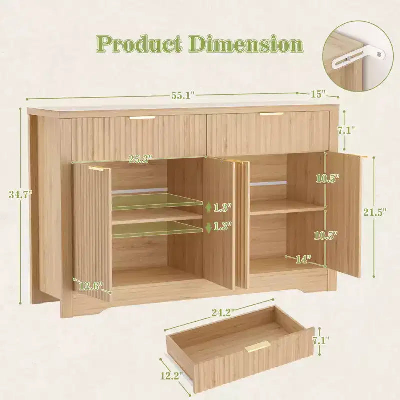 Bahut buffet moderne avec porte et tiroirs de rangement, table basse de 55 avec étagères
