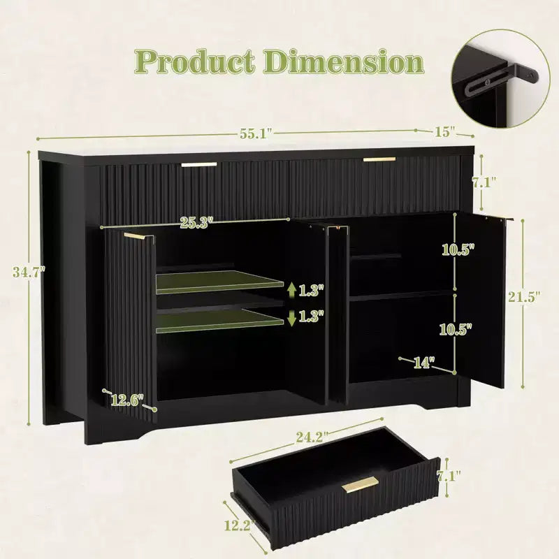 Bahut buffet moderne avec porte et tiroirs de rangement, table basse de 55 avec étagères
