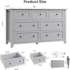 Commode moderne de 137 cm de large à 7 tiroirs pour chambre à coucher, entrée, couloir, grise