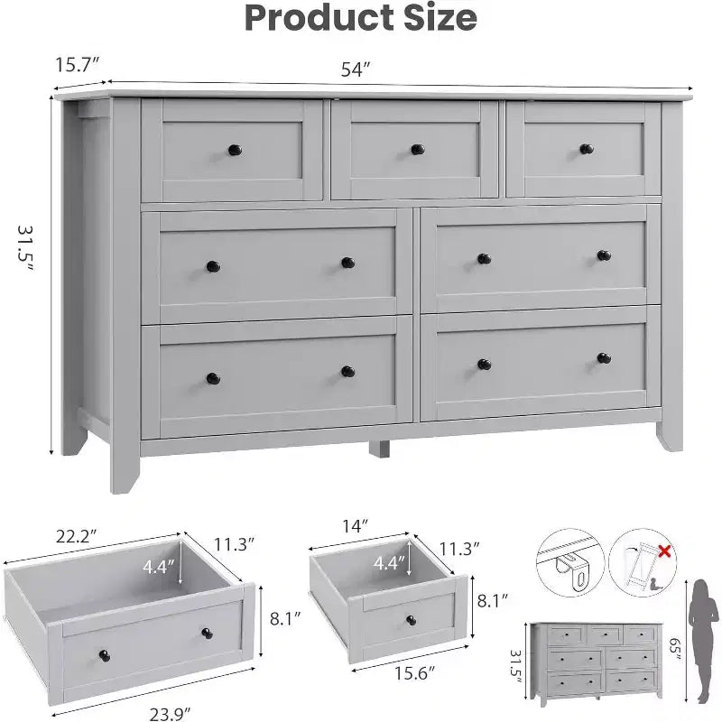 Commode moderne de 137 cm de large à 7 tiroirs pour chambre à coucher, entrée, couloir, grise