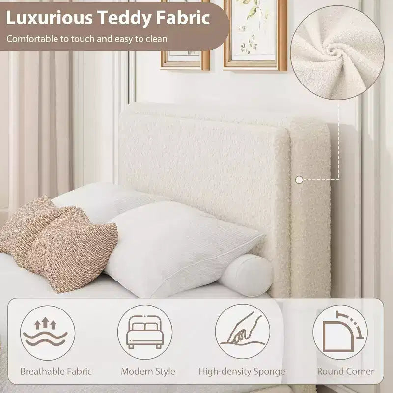 Cadre de lit plateforme rembourré en molleton de nounours doux avec 2 tiroirs de rangement