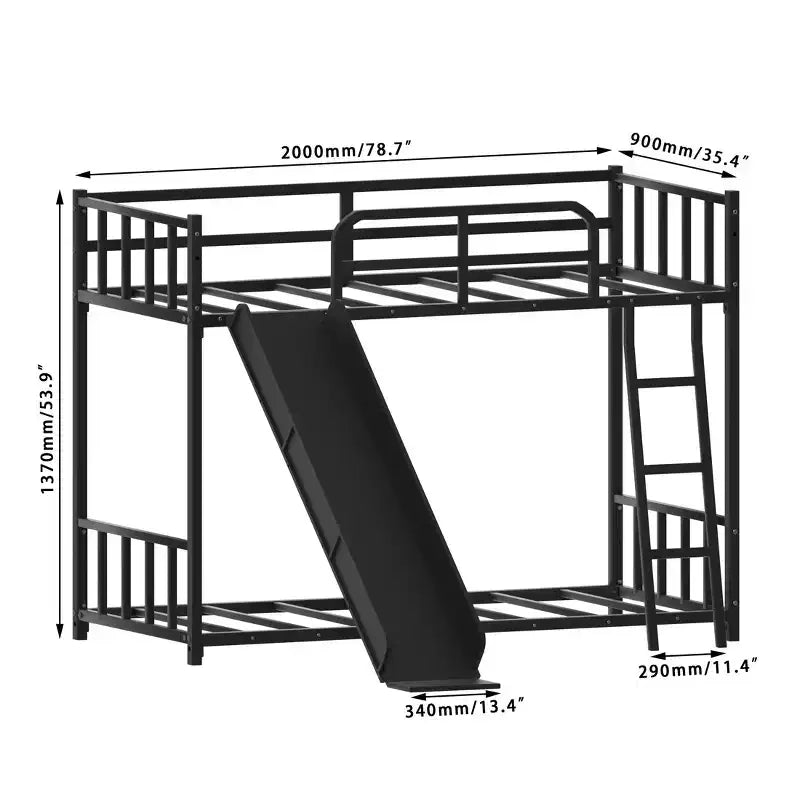 Lit superposé en métal de taille double avec échelle et toboggan pour chambre d'enfant, noir