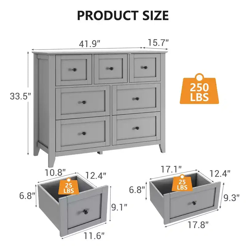 Commode moderne à 7 tiroirs en bois avec poignées rondes, tiroirs profonds pour un grand espace de rangement, pour chambre à coucher, salon ou entrée