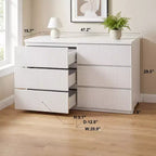 Commode moderne blanche à 6 tiroirs avec façades à panneaux ondulés, grande commode de rangement pour chambre et salon.
