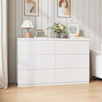 Commode moderne blanche à 6 tiroirs avec façades à panneaux ondulés, grande commode de rangement pour chambre et salon.