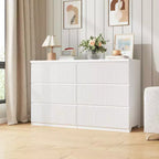 Commode moderne blanche à 6 tiroirs avec façades à panneaux ondulés, grande commode de rangement pour chambre et salon.