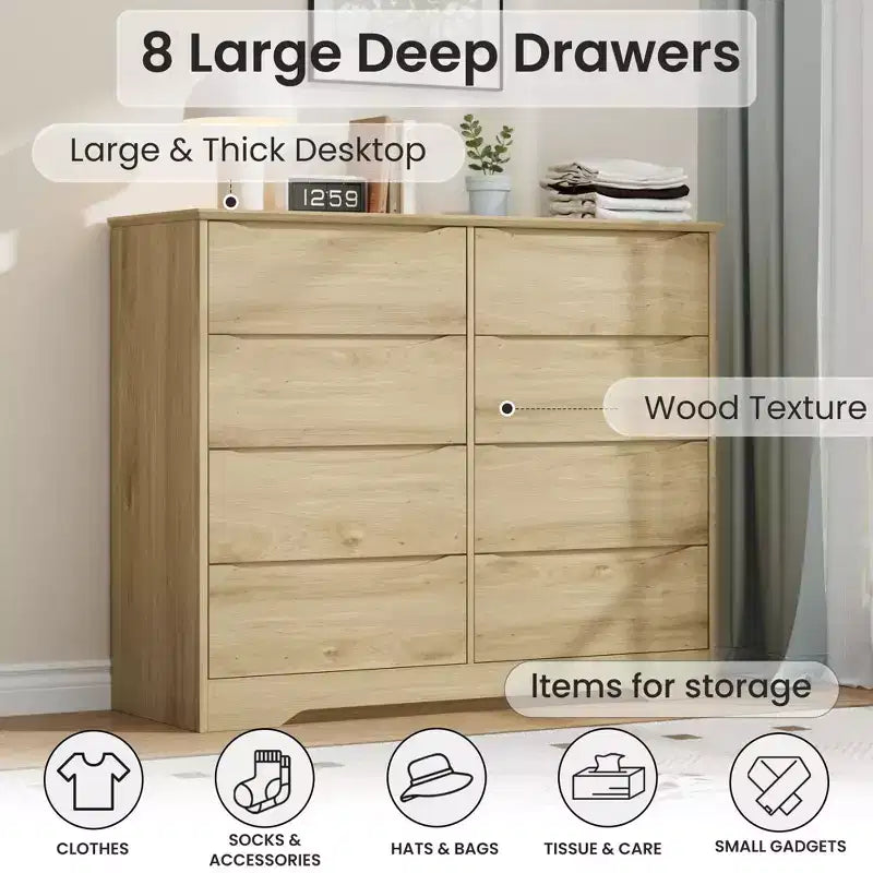 Commode en bois à 8 tiroirs, armoire haute et moderne avec rangement profond, commodes en bois du milieu du siècle avec plateau large pour chambre à coucher, salon