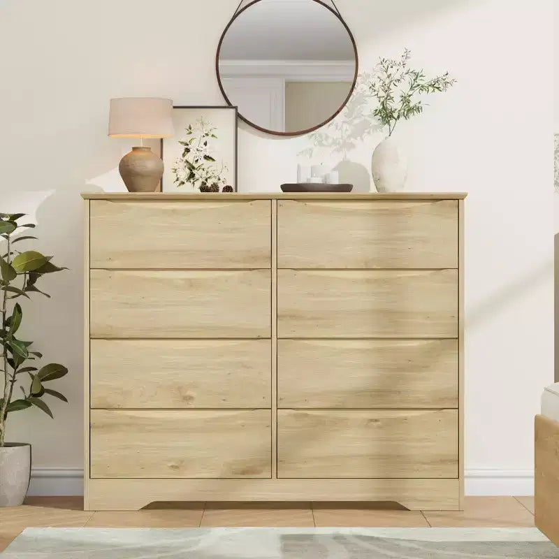 Commode en bois à 8 tiroirs, armoire haute et moderne avec rangement profond, commodes en bois du milieu du siècle avec plateau large pour chambre à coucher, salon