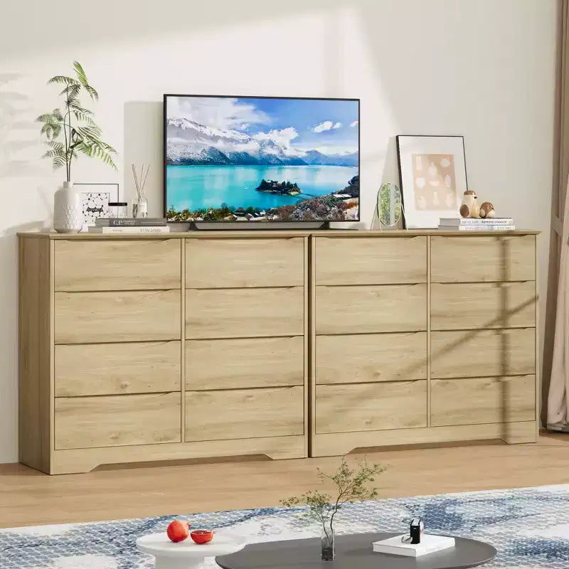 Commode en bois à 8 tiroirs, armoire haute et moderne avec rangement profond, commodes en bois du milieu du siècle avec plateau large pour chambre à coucher, salon