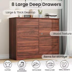 Commode en bois à 8 tiroirs, armoire haute et moderne avec rangement profond, commodes en bois du milieu du siècle avec plateau large pour chambre à coucher, salon