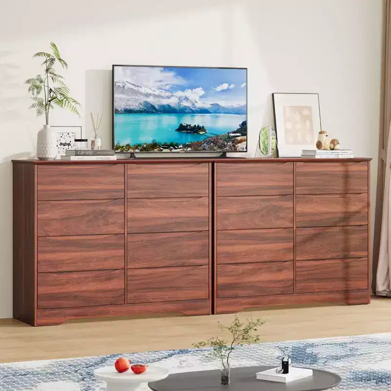 Commode en bois à 8 tiroirs, armoire haute et moderne avec rangement profond, commodes en bois du milieu du siècle avec plateau large pour chambre à coucher, salon