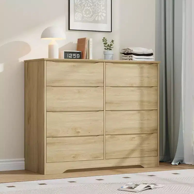 Commode en bois à 8 tiroirs, armoire haute et moderne avec rangement profond, commodes en bois du milieu du siècle avec plateau large pour chambre à coucher, salon